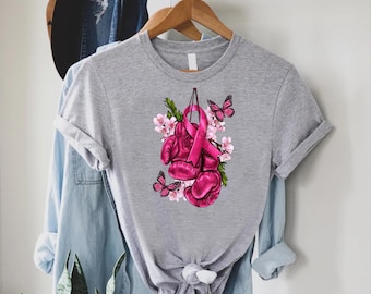 Breast Cancer Floral Butterfly Pink Ribbon Boxing Gloves T-Shirt, Women Cancer Fighter Clothing, Breast Cancer Awareness, Cancer Warrior Tee