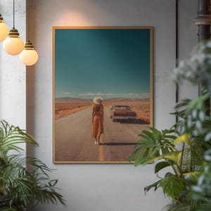 Póster de viaje por carretera en el desierto – Arte mural bohemio de mujer | Impresión de coche retro | Estilo viajero indie | Descarga digital