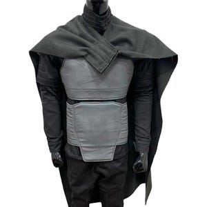 Black Flight Suit and Gray Flak Vest Cosplay Costume | Custom Bounty Hunter Outfit with Cummerbund, Wool Cape & Leather Shins
