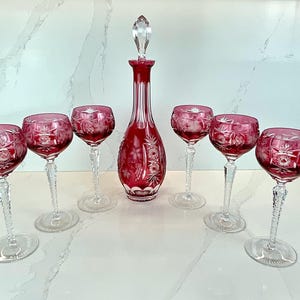 Nachtmann Traube Cranberry 6 Hock Wine Glass Set plus Decanter Cut to Clear