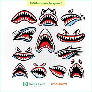 May include: A collection of twelve graphic illustrations featuring shark mouths with sharp teeth, red gums, and black outlines. The designs display various expressions and angles, including open jaws and aggressive facial features, presented on a grid.