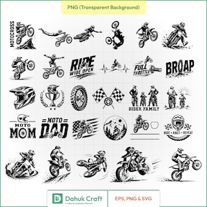 May include: A collection of black and white motocross-themed vector illustrations featuring riders on dirt bikes, helmets, checkered flags, and text elements like RIDE WIDE OPEN, FULL THROTTLE, BROAP, MOTO MOM, MOTO DAD, RIDER FAMILY, and RIDE RACE REPEAT.