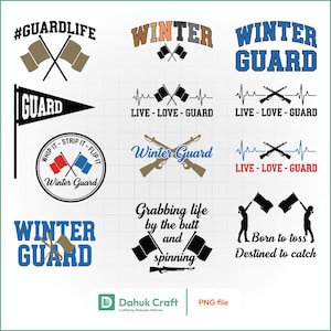 May include: A collection of graphic designs featuring text and illustrations related to winter guard activities. Designs include flags, rifles, and phrases like "#GUARDLIFE," "Winter Guard," and "Live-Love-Guard." The color palette includes blue, brown, and black.