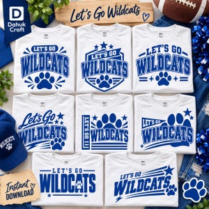Può includere: Otto magliette bianche con vari disegni grafici blu con il testo Let's Go Wildcats, impronte di zampe e stelle. Le magliette sono disposte a griglia, mostrando diverse tipografie e layout per lo stesso tema di spirito di squadra.