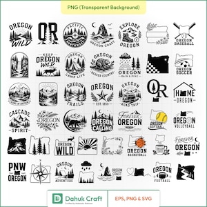 May include: A collection of forty-eight black and white graphic designs featuring Oregon-themed illustrations, including state outlines, mountains, forests, wildlife, sports equipment, and text such as Oregon Wild, Camp Life, and Forever Oregon.