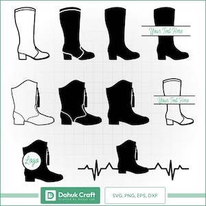 May include: A collection of black and white boot designs in various styles, including knee-high and ankle boots. Some designs include text fields for customization. The image also includes the text "Logo", "Your Text Here", "Dahuk Craft", and "SVG, PNG, EPS, DXF".