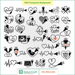 Puede incluir: Una colección de diseños gráficos digitales en blanco y negro con sondas de ultrasonido, formas de corazón, siluetas fetales y líneas de ECG. Algunos diseños incluyen texto como Ultrasound, Future Cardiac Sonographer, Your Text y Women's Health Squad.