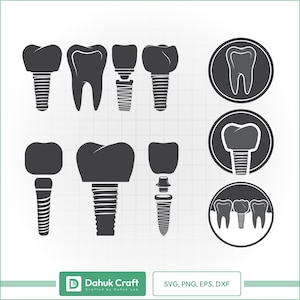 May include: A selection of black and white dental implant illustrations. The image features different tooth and implant designs, plus circular graphics. The bottom of the image includes the text "SVG, PNG, EPS, DXF".