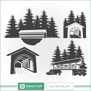 Covered bridge svg bundle – rustic bridge silhouettes with trees for cricut and silhouette – scenic cut files svg png dxf eps