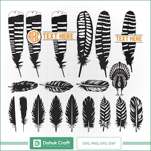 May include: A collection of black and white feather illustrations in various shapes and sizes. Some feathers have text boxes that read "TEXT HERE" and a monogram. A turkey illustration is also included. The image also contains the text "Dahuk Craft" and "SVG, PNG, EPS, DXF".