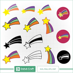 May include: A selection of shooting star designs in various styles. Each features a yellow star with a rainbow trail. Some are solid, others are outlined. The image also includes the text "SVG, PNG, EPS, DXF".