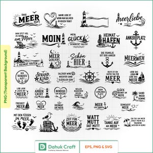 Puede incluir: Una colección de diseños gráficos en blanco y negro con temática náutica que incluyen iconos marítimos como faros, anclas, veleros y conchas, acompañados de frases en alemán relacionadas con el mar, la playa y la costa.