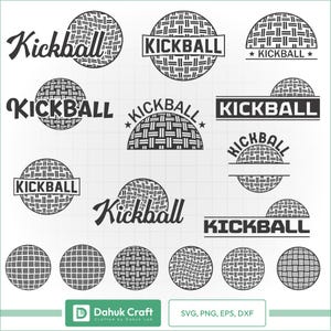 May include: A collection of black and white kickball-themed logos and graphics. The designs include the word "Kickball" in various fonts and styles, along with stylized ball illustrations. The bottom of the image includes file type information.
