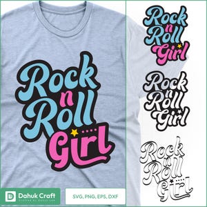 May include: A light blue t-shirt with the words "Rock n Roll Girl" in a retro font. The text is outlined in black, with the words "Rock" and "Roll" in blue and "Girl" in pink. A small yellow star is included.