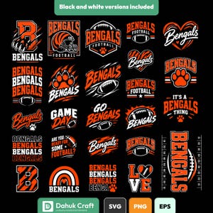 May include: A collection of digital graphic designs featuring the word Bengals, football imagery, tiger paw prints, and heart shapes in orange, white, and black. The designs include various typography styles, sports motifs, and a yard line marker graphic.