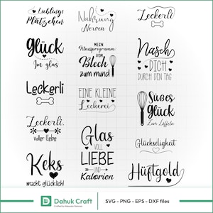 Op de afbeelding: Een verzameling zwarte en witte SVG-, PNG-, EPS- en DXF-bestanden met verschillende Duitse zinnen en woorden over bakken en traktaties. De ontwerpen bevatten tekst met decoratieve elementen zoals harten en sterren.