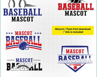 Pode incluir: Uma coleção de designs de mascotes de beisebol em vários estilos. Os designs apresentam as palavras "Baseball Mascot" em diferentes fontes e arranjos, juntamente com gráficos relacionados ao beisebol, como uma bola de beisebol, um capacete e um bastão. O esquema de cores inclui azul, vermelho e preto.