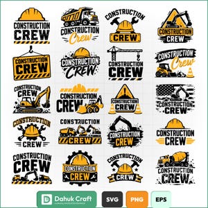 Puede incluir: Una colección de veinte diseños gráficos en negro y amarillo que presentan maquinaria de construcción como excavadoras, camiones volquete y hormigoneras, junto con cascos, herramientas y el texto Construction Crew en varios estilos.