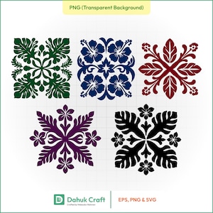 May include: Five square digital graphic designs featuring symmetrical floral and leaf patterns in dark green, navy blue, maroon, purple, and black. The text at the bottom reads Dahuk Craft, Crafted by Mokaudur Rahman, EPS, PNG & SVG.