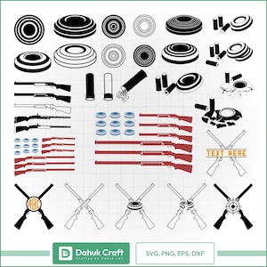 May include: A collection of vector graphics featuring skeet shooting elements. Includes silhouettes of shotguns, clay targets, and ammunition. The design also incorporates crossed shotguns and a banner with the text "TEXT HERE".