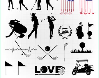 May include: A collection of black silhouette golf-themed graphics. Includes golfers in action, golf clubs, golf balls, flags, a golf cart, and the word "LOVE" with a golf ball and club. Ideal for crafting and design projects.