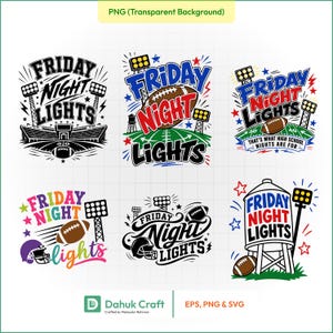 Puede incluir: Seis diseños gráficos digitales con el texto Friday Night Lights, balones de fútbol americano, focos de estadio y cascos. Las ilustraciones utilizan varias paletas de colores que incluyen negro, blanco, rojo, azul y acentos multicolores.