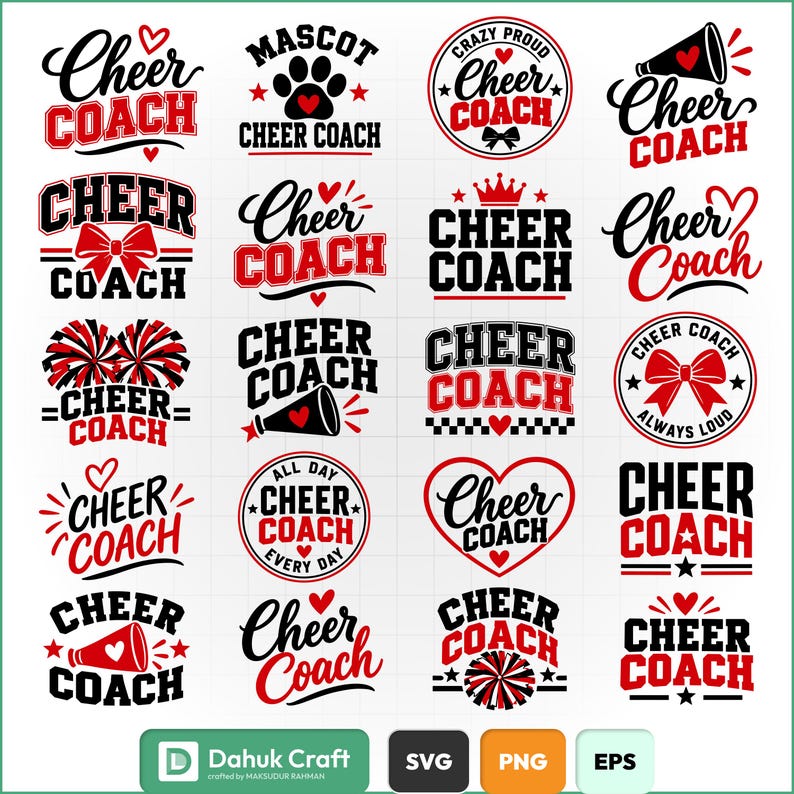 Cheer Coach SVG Bundle, 20 Cheerleading Coach Megaphone Pom Pom Bow ...