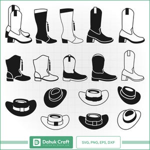May include: A collection of black and white cowboy boots and hats in various styles. The image includes different boot designs, from tall to ankle-high, and several cowboy hat variations. The bottom right corner displays the text "SVG, PNG, EPS, DXF".