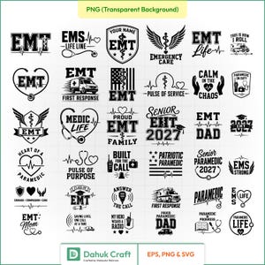 Peut inclure: Une collection de trente motifs graphiques en noir et blanc sur le thème des ambulanciers et secouristes. Les illustrations incluent des stéthoscopes, des ambulances, des lignes de rythme cardiaque, des écussons et des textes comme EMT Life.