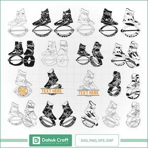 Puede incluir: Una colección de ilustraciones en blanco y negro de botas de rebote para fitness. Algunos diseños incluyen el texto "TEXT HERE" y un monograma "ABC". La imagen también incluye el texto "Dahuk Craft" y "SVG, PNG, EPS, DXF".