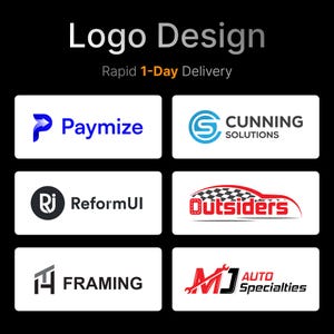 May include: Image showcasing various logo designs. The text "Logo Design" and "Rapid 1-Day Delivery" are at the top. Logos include "Paymize", "Cunning Solutions", "ReformUI", "Outsiders", "Framing", and "MJ Auto Specialties".