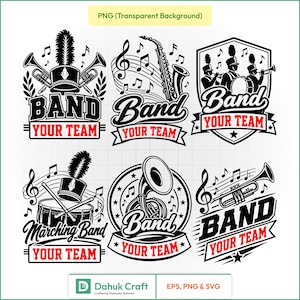 May include: A collection of six black and white graphic designs featuring musical instruments like saxophones, trumpets, and drums, along with marching band hats and musical notes. Each design includes the text Band and Your Team in red.