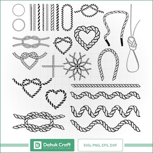 Puede incluir: Ilustraciones en blanco y negro de varios nudos de cuerda y diseños de cuerda. La imagen incluye nudos en forma de corazón, bordes de cuerda decorativos y otros elementos de cuerda de temática náutica. El texto "SVG, PNG, EPS, DXF" está presente.