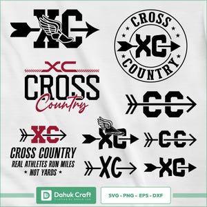 Könnte beinhalten: Eine Sammlung schwarzer und roter Crosslauf-Designs. Die Designs enthalten die Buchstaben "XC" mit Pfeilen, einen geflügelten Schuh und die Worte "Cross Country". Der Text "Real Athletes Run Miles * Not Yards *" ist ebenfalls enthalten.