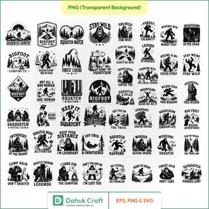 Op de afbeelding: Een verzameling van vijftig zwart-wit grafische ontwerpen met Bigfoot, Sasquatch en bosthema's met diverse slogans zoals Sasquatch Country, Stay Wild en Forest Legend, gepresenteerd als een raster van individuele illustraties op een witte achtergrond.