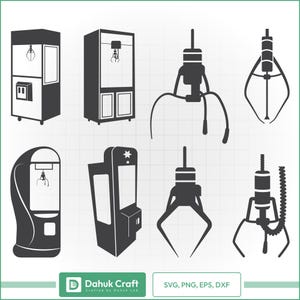 Könnte beinhalten: Schwarz-Weiß-Illustrationen von Greifautomaten und ihren Komponenten. Das Bild zeigt verschiedene Maschinendesigns und Greifmechanismen. Der Text "Dahuk Craft" und Dateitypoptionen sind ebenfalls enthalten.