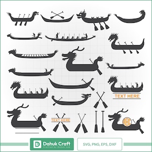Op de afbeelding: Een verzameling zwarte drakenbootillustraties in verschillende ontwerpen, sommige met roeispanen en tekst. De afbeelding bevat de tekst "TEXT HERE" en "SVG, PNG, EPS, DXF". Het Dahuk Craft-logo is ook aanwezig.