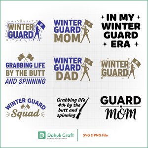 Op de afbeelding: Een verzameling SVG- en PNG-bestanden met winterthema-ontwerpen. De ontwerpen bevatten tekst zoals "Winter Guard", "Winter Guard Mom" en "Grabbing life by the butt and spinning". Elk ontwerp heeft een wintervlag.
