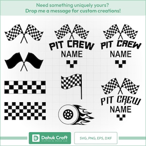 Op de afbeelding: Zwart-wit afbeeldingen met racethema, waaronder geblokte vlaggen, een band met vlammen en de tekst "PIT CREW NAME". De afbeelding bevat ook de tekst "Need something uniquely yours? Drop me a message for custom creations!"