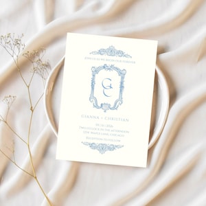 Bridgerton-Inspired Baroque Wedding Invitation | Dusty Blue Regency Suite | Monogram Crest | RSVP & Details Card | Editable Canva Template
