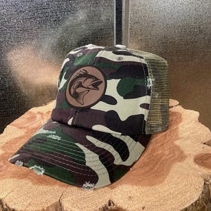 Bass Fishing -  CAMO  Custom Trucker Hat – BuskinBrown on Black  Patch – Distressed Hat