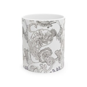 Ornate Ceramic Mug with Hand Drawn Pen and Ink Art, Elegant Drinkware, Coffee Cup for Home or Office, Gift for Tea Lovers, Artistic Mug