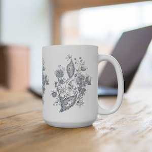 Black and White Ceramic Mug with Hand Drawn Pen and Ink Design - Perfect Gift for Mothers Day, Birthdays, Home Decor, Office Use