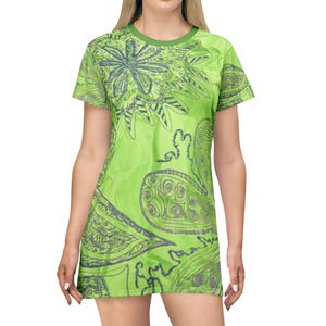 Vibrant Green Hand Drawn Pattern T-Shirt Dress, Summer Outfit, Bohemian Style, Casual Dress, Vacation Essential, Eco-Friendly Fashion