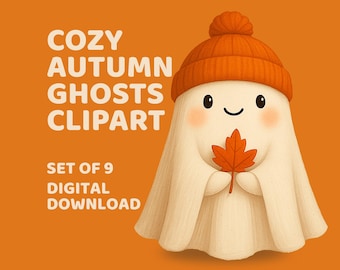 Clipart di fantasmi autunnali accoglienti in formato PNG, download digitale di simpatici disegni autunnali di Halloween, adesivi fantasma stampabili da parete in formato PNG, grafica kawaii di fantasmi autunnali