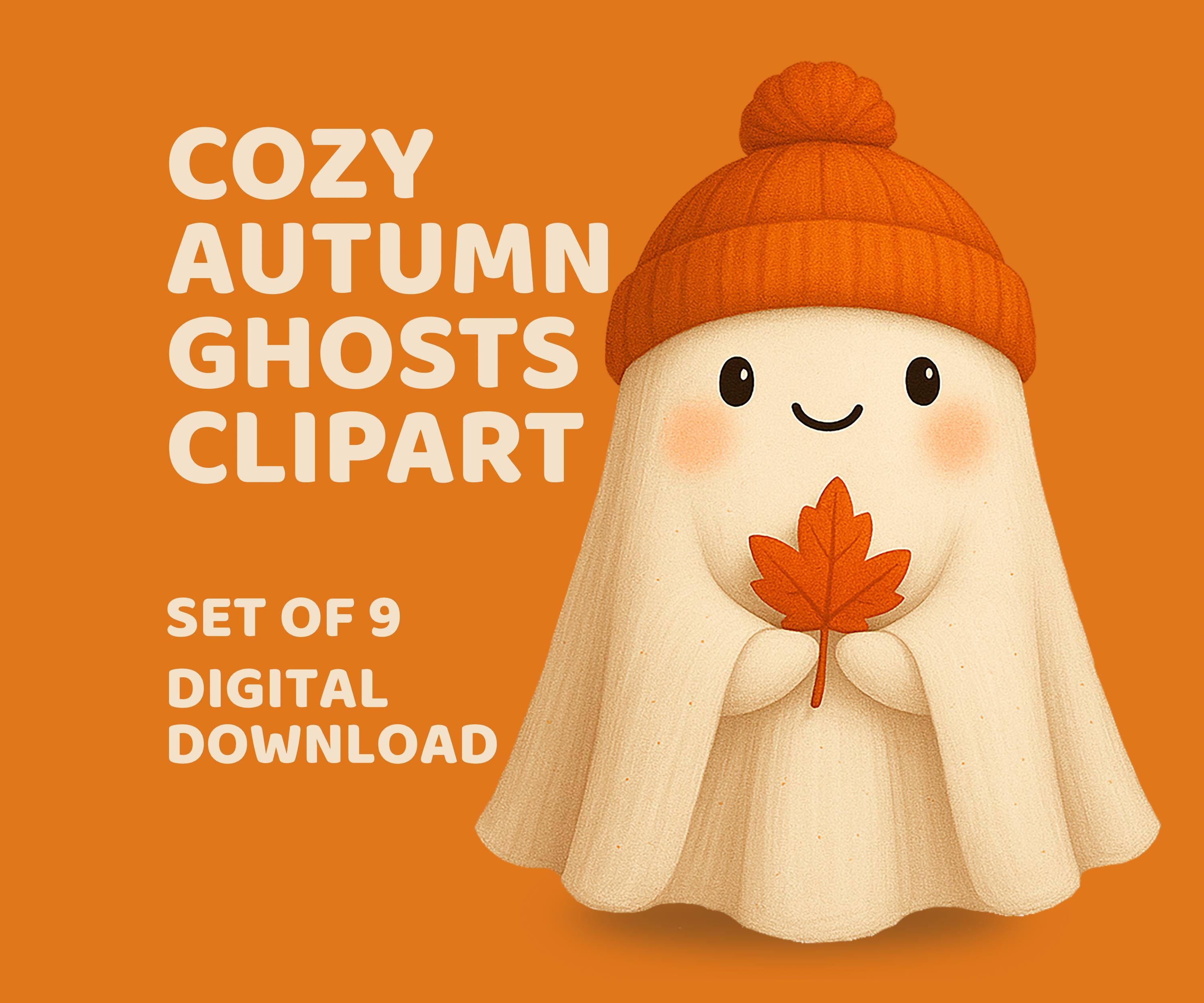 Cozy Autumn Ghosts Clipart PNG, Cute Fall Halloween Digital Download ...