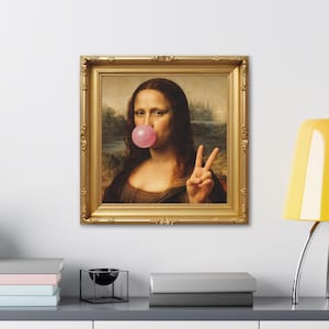 Mona Lisa Bubble-parodie met kauwgom en vredesteken, ingelijst canvas opgespannen
