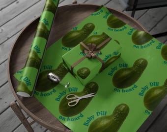 Baby Dill on Board Pickle Pattern Wrapping Paper | Green Pickle Print