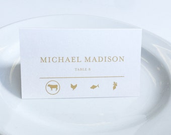 Food Icon Food Choice Indication Wedding Custom Customize Place Cards Gold Simple Elegant Names Guest Escort Cards