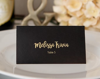 Script Food Icon Food Choice Indication Wedding Custom Place Cards Black Background with Gold Text Simple Elegant Names Guest Escort Cards